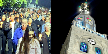 PADRE CARLOS REALIZA PROCISSÃO LUMINOSA E INAUGURA TORRE DA IGREJA